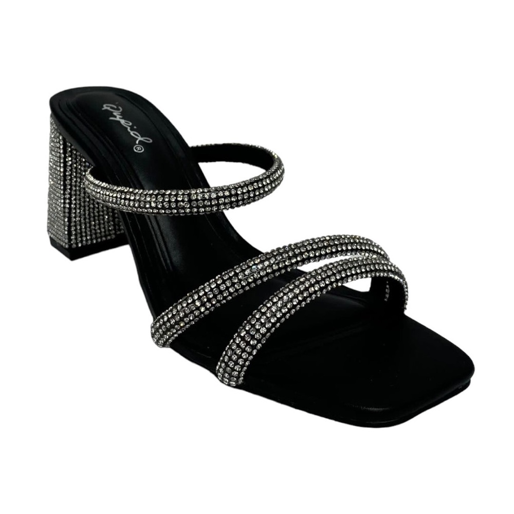 Black Sandals with Chunky Heel and Rhinestone Straps